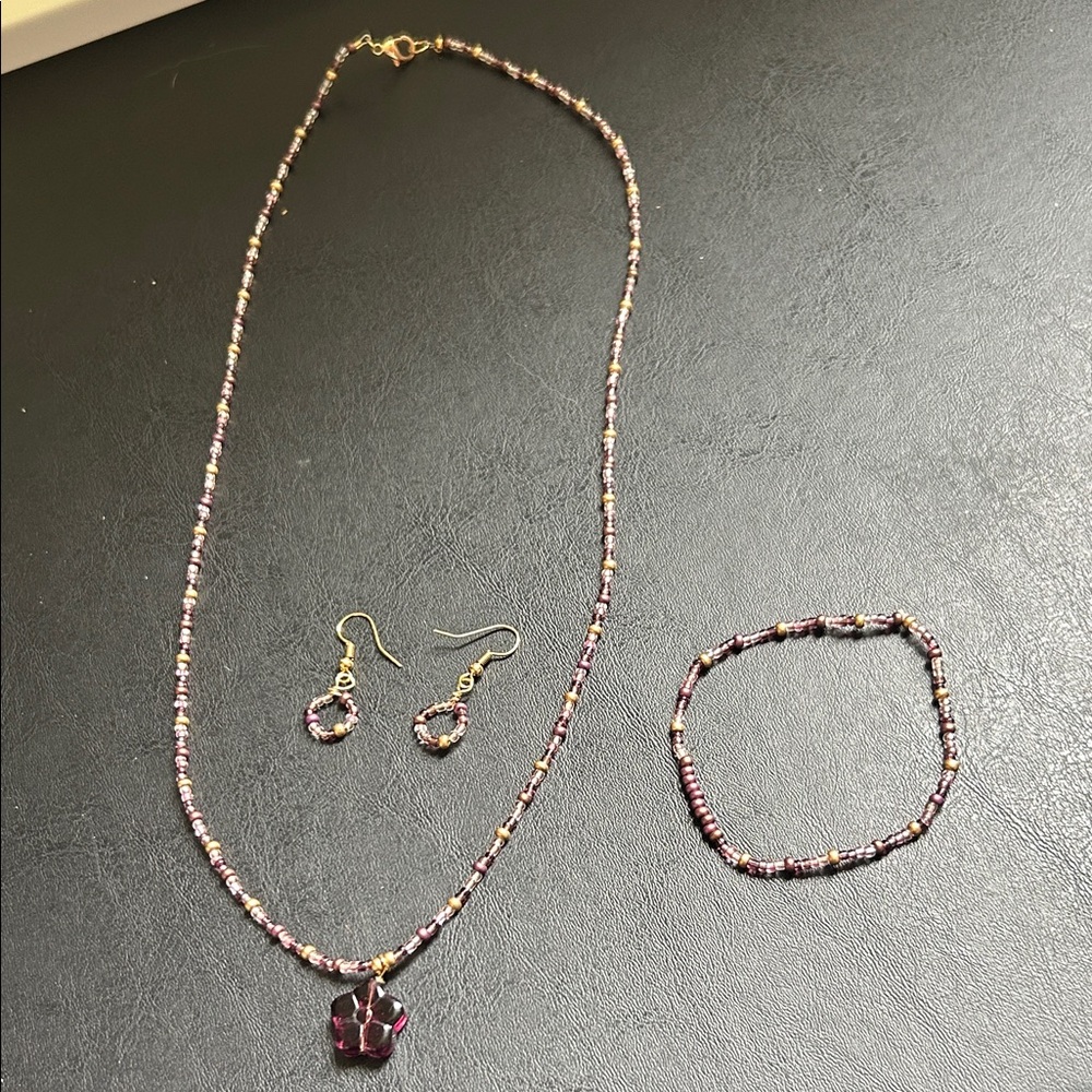 Hand Made Beaded Jewelry Set in Purple and Gold